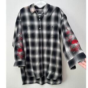 Adaptation Rose Embroidered Plaid Longline Shirt Dress Black White M